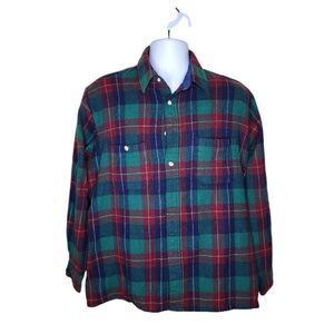 Vintage 80s Wool Plaid Button Up Shirt Mens Size XL Green Shacket